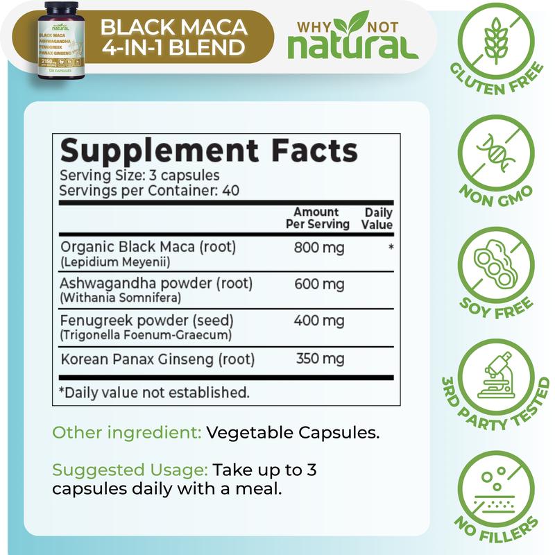 4-in-1 Organic Black Maca Root, Ashwagandha, Fenugreek, Panax Ginseng Supplement