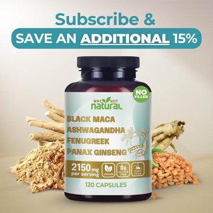 4-in-1 Organic Black Maca Root, Ashwagandha, Fenugreek, Panax Ginseng Supplement